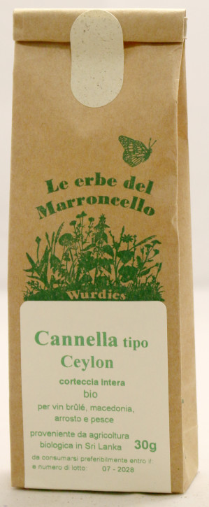 Cannella Ceylon (Cinnamomum zeylanicum) corteccia intera 12-14cm, bio 30g