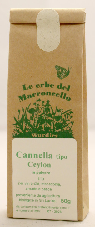 Cannella Ceylon, (Cinnamomum zeylanicum) corteccia polvere, bio 50g